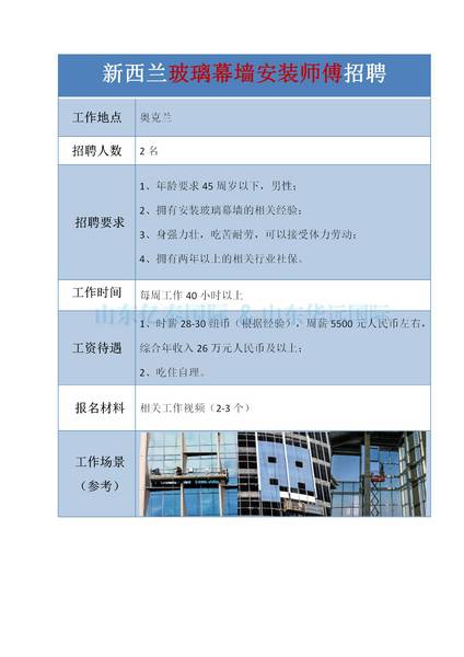 新西兰玻璃幕墙工招聘